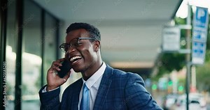 Phone call, city and black man greet happy friends, colleagues or walking coworker, partner or businessman. Communication, cellphone and person saying hello, wave and smile for men on evening commute