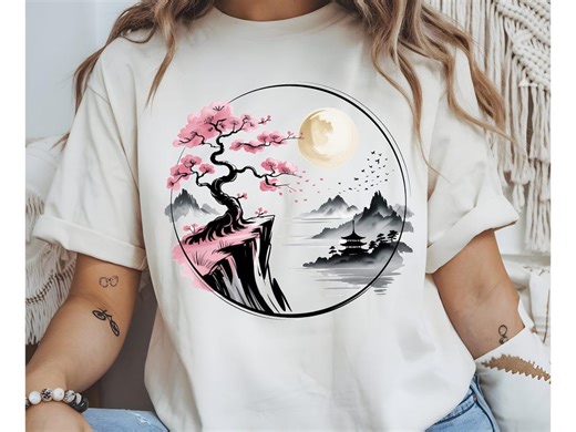 Japanese Bonsai Tree PNG| Zen Art Design With Cherry Blossom and Full Moon | Minimalist Japanese Landscape Tee | Aesthetic Zen Nature Gift - Etsy