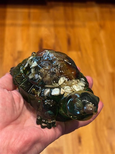 Handmade Resin Turtle with Jasper and Shell Inlay, Ocean Coastal Decor (Optional LED Base)