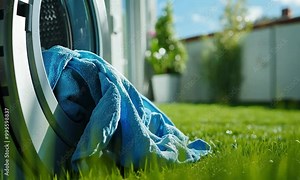 A blue towel hangs out of a washing machine, set against a sunny garden backdrop.