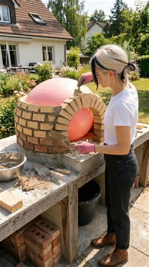I built a real Italian pizza oven using a gym ball, cement and bricks. DIY 🍕🔥