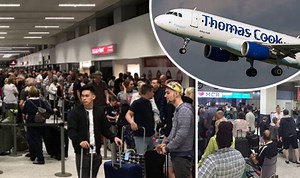 Queues at Thomas Cook check-in desks at Manchester Airport