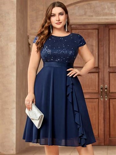 Plus Size Women's Sequin Ruffle Hem Chiffon Formal Party Swing Dress, Suitable For Back To School, Prom, Semi-Formal Wedding Guest, Birthday, Graduation, Date Night And Other Occasions | SHEIN