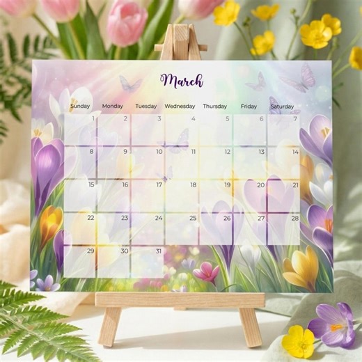 March 2026 Spring Flowers Printable Monthly Calendar | US Letter & DIN A4 | Digital Download - Etsy