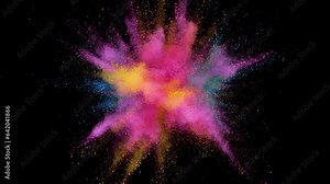 Super Slow Motion of Colored Powder Explosion in Reverse Speed. Filmed on High Speed Cinema Camera, 1000fps. Isolated on Black Background.