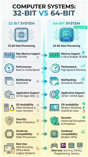 💻 32-Bit vs 64-Bit -Which One Should You Use? Still using 32-bit? 🔹 32-Bit • Max 4GB RAM • Limited performance • Supports only 32-bit apps 🔹 64-Bit (Recommended ✅) • Supports 4GB to multiple TB RAM • Faster & more efficient • Runs both 32-bit & 64-bit apps • Better security & modern OS support 🚀 For Gaming, Editing, Programming & Servers → Go 64-bit. 💬 Comment “64” if you're using 64-bit 💾 Save this before upgrading 🔁 Share with someone planning to install Windows. #ComputerBasics #64bit 