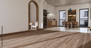 Camera moves around a room, revealing the gradual appearance of furniture and furnishings.