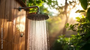 Outdoor shower with running water, sunlight filtering through trees behind it