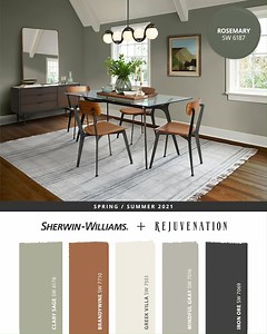 Complement your Rejuvenation lighting and hardware with 18 expertly curated paint colors perfect for walls, cabinets, and doors. Explore all 18 hues in their Spring/Summer 2021 palette: https://bit.ly/3utrX5G | Sherwin-Williams