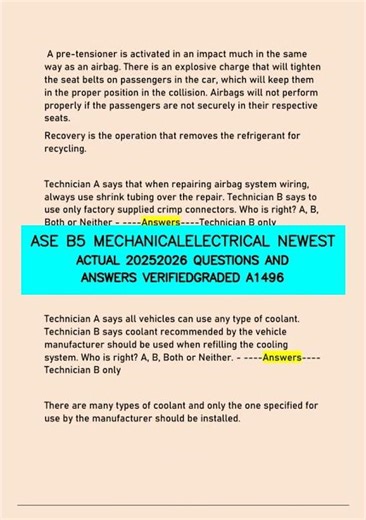 ASE B5 MECHANICALELECTRICAL NEWEST ACTUAL 20252026 QUESTIONS AND ANSWERS VERIFIEDGRADED A1496 video