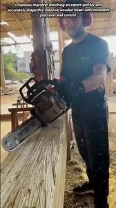 Master craftsman carves wood with a powerful, fast chainsaw.