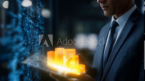 A man in a suit is using a tablet to type on a computer screen. compliance officer reading glowing AI regulation framework on transparent screen, legal muted futuristic