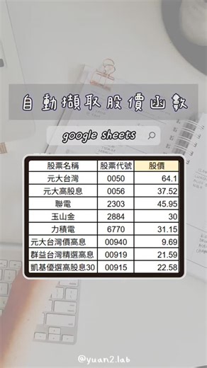 小袁的ISTJ實驗室 | 實用計劃表 | 效率日常💡 on Instagram: "#免費分享 💻「自動擷取股價函數」公式 📈 | 股票數據自動化，效率UP‼️ 哈囉大家~小袁我又來分享提升效率的實用工具啦！ 在做投資分析時，是不是常覺得手動查詢很耗時，還無法即時更新？🧐 ✨ 今天就要來分享我提升效率的秘密武器：Google sheets中的 GOOGLEFINANCE 函數！ 這個函數不用寫複雜程式，只需要一個簡單的公式，就能自動拉取最新的股價數據。 函數公式很簡潔： 只要在 Google 試算表輸入 =GOOGLEFINANCE("地區:"&"股票代號") 例如：想查詢台積電(2330)的最新股價，輸入 =GOOGLEFINANCE("TPE:"&"2330") 就可以自動擷取！ 📊 數據即時更新： 輕鬆保持分析數據的即時性(注意~報價可能有延遲)，做出更及時的判斷。 📝 自訂分析表格： 擷取到的數據可以直接在試算表上進行各種計算和整理。 💡 效率小撇步： GOOGLEFINANCE 不只抓股價，還可以加上第二個參數來抓取開盤價、成交量...等更多資訊~讓你的決策過程