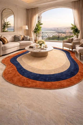 Hand-tufted Abstract Wool Area Rug, Blue Beige Rust Oval Shape, Modern Bedroom Decor - Etsy