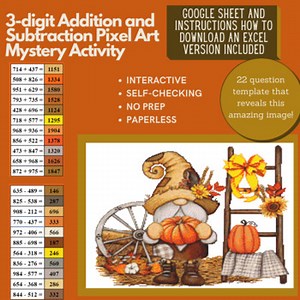 Mystery Digital Pixel Art NO PREP - Fall Gnome 3-digit Addition and Subtraction