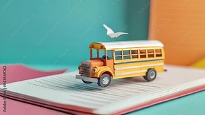 a yellow school bus placed on an open notebook, with a paper crane hovering above