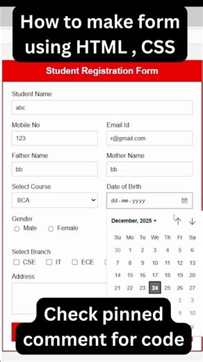 Student Registration Form in HTML & CSS 🔥#html #css #htmlform #shorts #registrationform