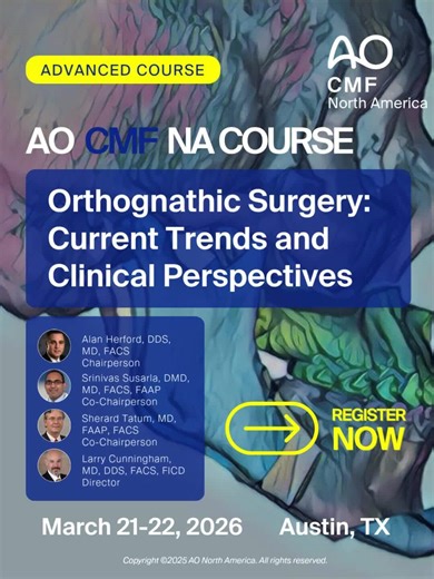 Stay at the leading edge of orthognathic surgery with the 𝗔𝗢 𝗖𝗠𝗙 𝗡𝗔 𝗢𝗿𝘁𝗵𝗼𝗴𝗻𝗮𝘁𝗵𝗶𝗰 𝗦𝘂𝗿𝗴𝗲𝗿𝘆 𝗖𝗼𝘂𝗿𝘀𝗲—𝗖𝘂𝗿𝗿𝗲𝗻𝘁 𝗧𝗿𝗲𝗻𝗱𝘀 𝗮𝗻𝗱 𝗖𝗹𝗶𝗻𝗶𝗰𝗮𝗹 𝗣𝗲𝗿𝘀𝗽𝗲𝗰𝘁𝗶𝘃𝗲𝘀. Gain practical experience integrating computer-aided surgery, patient-specific implants, and collaborative treatment planning into your workflow. Hands-on labs, virtual planning sessions with an onsite engineer, and interactive group discussions turn theory into practice. Secure your spot toda
