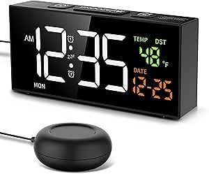Netzu Vibrating Alarm Clock for Heavy Sleepers, Digital Alarm Clock with Bed Shaker, Temperature Date and Weekday, Manual DST, Snooze, 2 Alarms Bedside Plug-in Clock (Black)