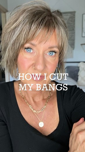 I’ll be honest. I was growing out my bangs AGAIN. I LOVE all these “no bangs” hairstyles. So updated and fun! Except on ME. MY BANGS look thin and dry and never lay right. Sooooo I hacked them off again. Idk why I try to grow out! DISCLAIMER-I’ve been a cosmetologist for 35 years. I am NOT encouraging you to cut your own bangs 😂 You can show this to your stylist. My scissors are professional scissors. I’m using my cutting and thinning scissors. Thin hair ❌ Be super careful to drop a bit of hair