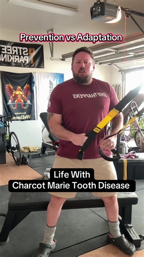 1️⃣ The challenge: With CMT, even standing up from a chair or sitting back down can be hard. Once my muscles relax, it’s tough to re-engage my core and legs, and sometimes my body just gives out. Falls and instability are a real part of this disease. 2️⃣ What I do about it: I still adapt when I have to, but I focus on prevention. Every morning I use TRX straps to practice controlled sit-to-stand and squats so I can stay strong, stable, and confident before fatigue and weakness take over. It’s no