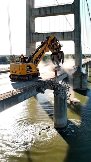 Steel grip excavator brings down old bridge pillars 💪