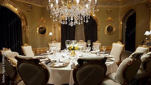 Camera slowly rotates 360 degrees around a dining table in a grand dining room with rim and side lighting