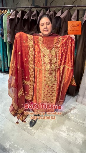 Kaaj by Jyoti Kapoor on Instagram: "A vision of subtle elegance, this soft tissue striped shirt is beautifully embellished with delicate dori embroidery, further highlighted with sequins and fine beadwork that add just the right touch of shimmer. 😍 The refined detailing enhances the graceful fall of the fabric, making it look effortlessly elegant and beautiful. Paired with a pure organza tissue dupatta, adorned with four-side borders and intricate embroidery, the ensemble looks absolutely prett