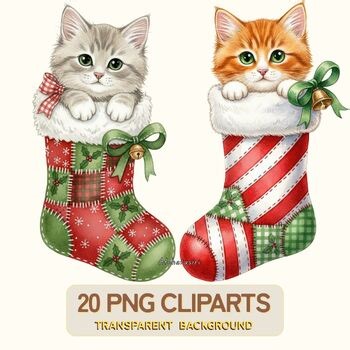 Christmas Stocking Cat PNG • 20 Digital Clipart Files