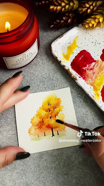Day 19! Colors used: Transparent Pyrrol Orange, Quinacridone Sienna, & New Gamboge. #fallpainting #autumntrees #inspo #watercolortutorial #artistsoftiktok #artprocess #watercolorforbeginners #