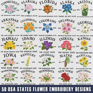 50 USA State Flowers Embroidery Design, Flower State Machine Embroidery File, Girly State Embroidery, Instant Download 4 Sizes Pes Dst - Etsy