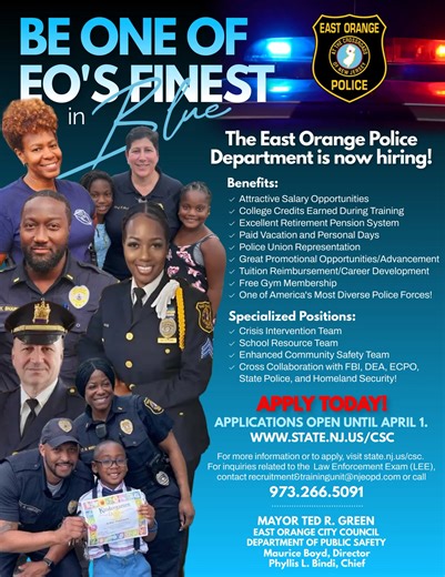 The East Orange Police Department is NOW hiring!! The application period for the State of New Jersey's Law Enforcement Exam is open through April 1. Visit www.state.nj.us/csc to apply. Candidates must be between the ages of 18-35! If you need any assistance or have inquiries, please call EOPD's Recruitment and Training Division at 973.266.5091 or recruitment&training@njeopd.com. #shareandrepost #eopd #eastorange #lawenforcement #publicsafety #nowhiring | East Orange Police Department