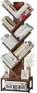 EasyCom Tree Bookshelf Metal Base, 7 Tier Tree Bookcase Floor Standing Bookshelf Organizer for CDs/Books, Bookshelves for Bedroom/Living Room/Home Office, Brown