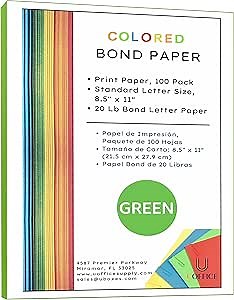 Multipurpose Copy Printer Paper, 8.5” x 11”, 20 lb, (Green, 100 SHEETS), Colored bond paper,Colored printer paper, Multipurpose colored printing paper,Classroom bond paper