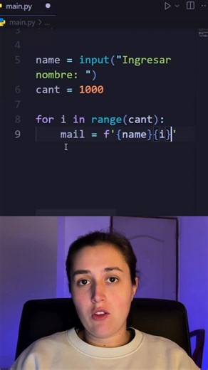 Programa con Mica on Instagram: "Generar 1000 mails con tu nombre usando python nombre = input(“Ingresa tu nombre: “) cantidad = 1000 for i in range(cantidad): mail = f”{nombre}{i}@mail.com” print(mail) Explicación: El programa pide un nombre y genera 1000 correos electrónicos numerados secuencialmente."