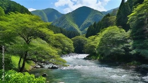 日本の原風景｜山と森に囲まれた清流が流れる静かな自然風景