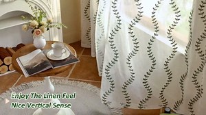 AmHoo 2 Panels Linen Leaf String Floral Embroidered Semi Sheer Curtain Farmhouse Voile Curtains for Living Room Bedroom Window Treatment Sage Green 52 x 96 Inch