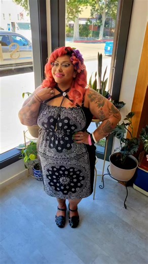 ✨Rockin’ my handmade Rebel Notions bandana dress with confidence, curves, and cultura 💀🌹 From the stitches to the statement, it’s all about bold style and self-love.✨️ 🖤 Custom colors available 📍Crafted with cultura 📲 DM to order #RebelNotions #CholaGoth #BandanaDress #AltFashion #fashion