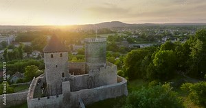 Aerial view of the Castle in Bedzin at sunset, Upper Silesia, Poland.