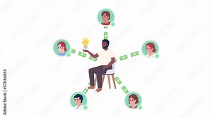 Animated crowdfunding platform. International investors and startup founder 2D cartoon flat characters 4K video footage on white with alpha channel transparency. Concept animation for web design