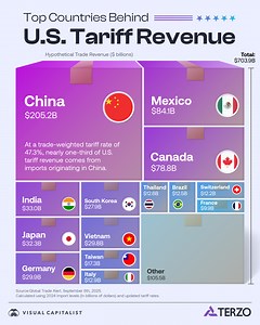 22K views · 120 reactions | Tariff rates vary by country, as does the value of goods each nation exports to the U.S. Which countries contribute the most?  This Markets in a Minute animated graphic, created in partnership with Terzo, breaks down which countries generate the most U.S. tariff revenue through imports under the new rates. https://www.visualcapitalist.com/sp/ter-01-u-s-tariff-revenue-by-country/ #ter01 | Visual Capitalist | Facebook