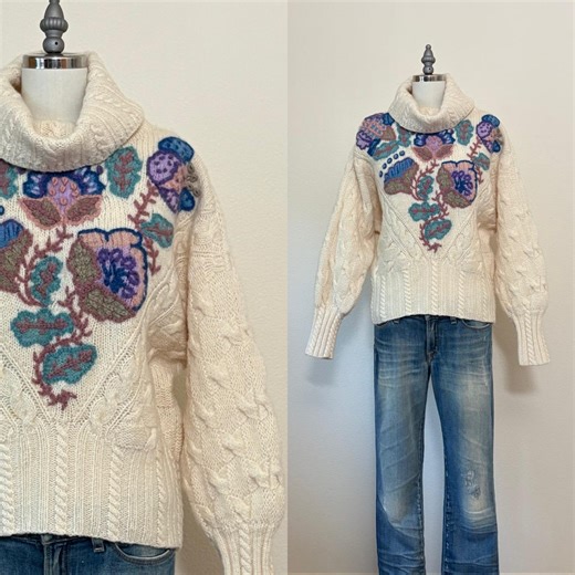Vintage 80s Wool Sweater, 1980s Outback Red Hand Embroidered Cream Cable Pullover With Dolman Sleeves, Turtleneck Cowl Neck - Etsy Australia