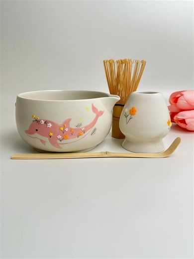 Hand Painted Dolphin and Daisy Ceramic Matcha Bowl Set,large Capacity Dolphin Matcha Bowl Set,birthday Gift,personalized Matcha Bowl Set - Etsy