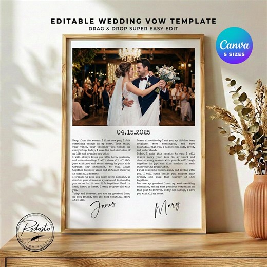 Editable Wedding Vow Keepsake Template With Photo, His and Hers Vow Poster, Custom Anniversary Gift, Minimalist Couple Gift, Vow Renewal Art - Etsy