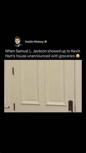Inside History on Instagram: "One time, Samuel L. Jackson unexpectedly showed up at Kevin Hart’s house unannounced — and he had groceries with him. In the viral video clip, Jackson strolls up with bags of food, surprising Hart, who reacts with shock and laughter as the Hollywood legend reveals himself at his doorstep. 😂 The whole moment plays out in a light-hearted, comedic way, with Hart clearly caught off guard by his friend’s spontaneous visit. The short clip became popular online because of