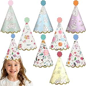 24 Pcs English Garden Party Hats for Kids and Adults - Floral Themed Cone Hats for Birthday, Baby Shower - Colorful Paper Party Supplies