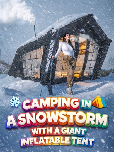 CAMPING IN A SNOWSTORM WITH A GIANT INFLATABLE TENT #1millionviews #camping #solocamping #snow