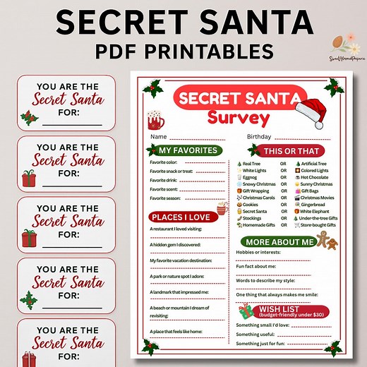 Secret Santa Survey & Name Tags Bundle | Printable Gift Exchange (PDF) - Etsy