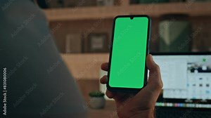 Remote employee reading mockup cellphone message in office agency close up.