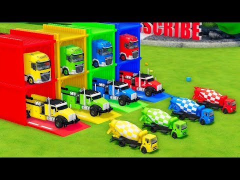 Garage with Colors - ALL MIXER TRUCK WITH DOUBLE FLATBED TRAILER TRUCK, DAF, KENWORTH, AGRALE - FS22